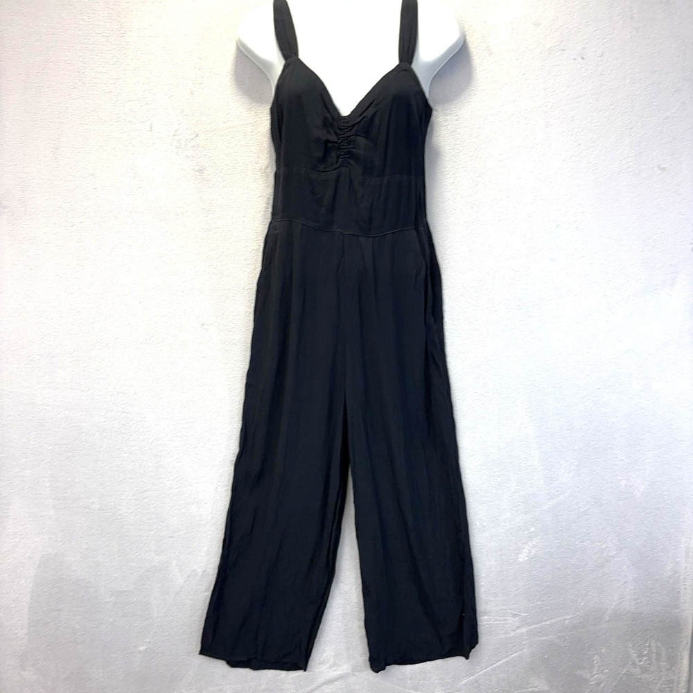 NWT Abercrombie & Fitch‎ Wide Leg Jumpsuit Womens Small Black V Neck Smocked